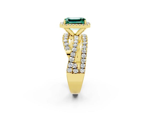 Yellow gold Emerald Cut Green Sapphire Halo Ring with Round Split Shank and Prong Setting