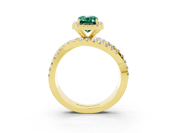 Yellow gold Emerald Cut Green Sapphire Halo Ring with Round Split Shank and Prong Setting