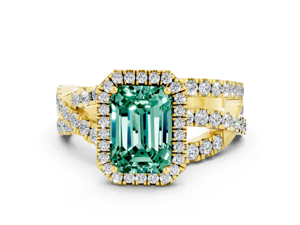 Yellow gold Emerald Cut Green Sapphire Halo Ring with Round Split Shank and Prong Setting