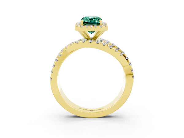 Yellow gold Emerald Cut Green Sapphire Halo Ring with Round Split Shank and Prong Setting