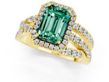 Yellow gold Emerald Cut Green Sapphire Halo Ring with Round Split Shank and Prong Setting_49