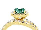 Yellow gold Emerald Cut Green Sapphire Halo Ring with Round Split Shank and Prong Setting_52