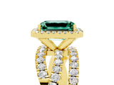 Yellow gold Emerald Cut Green Sapphire Halo Ring with Round Split Shank and Prong Setting_53