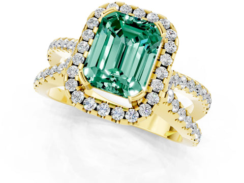 Yellow gold Emerald Cut Green Sapphire Halo Ring with Split Shank Pavé Band and Prong Setting_1