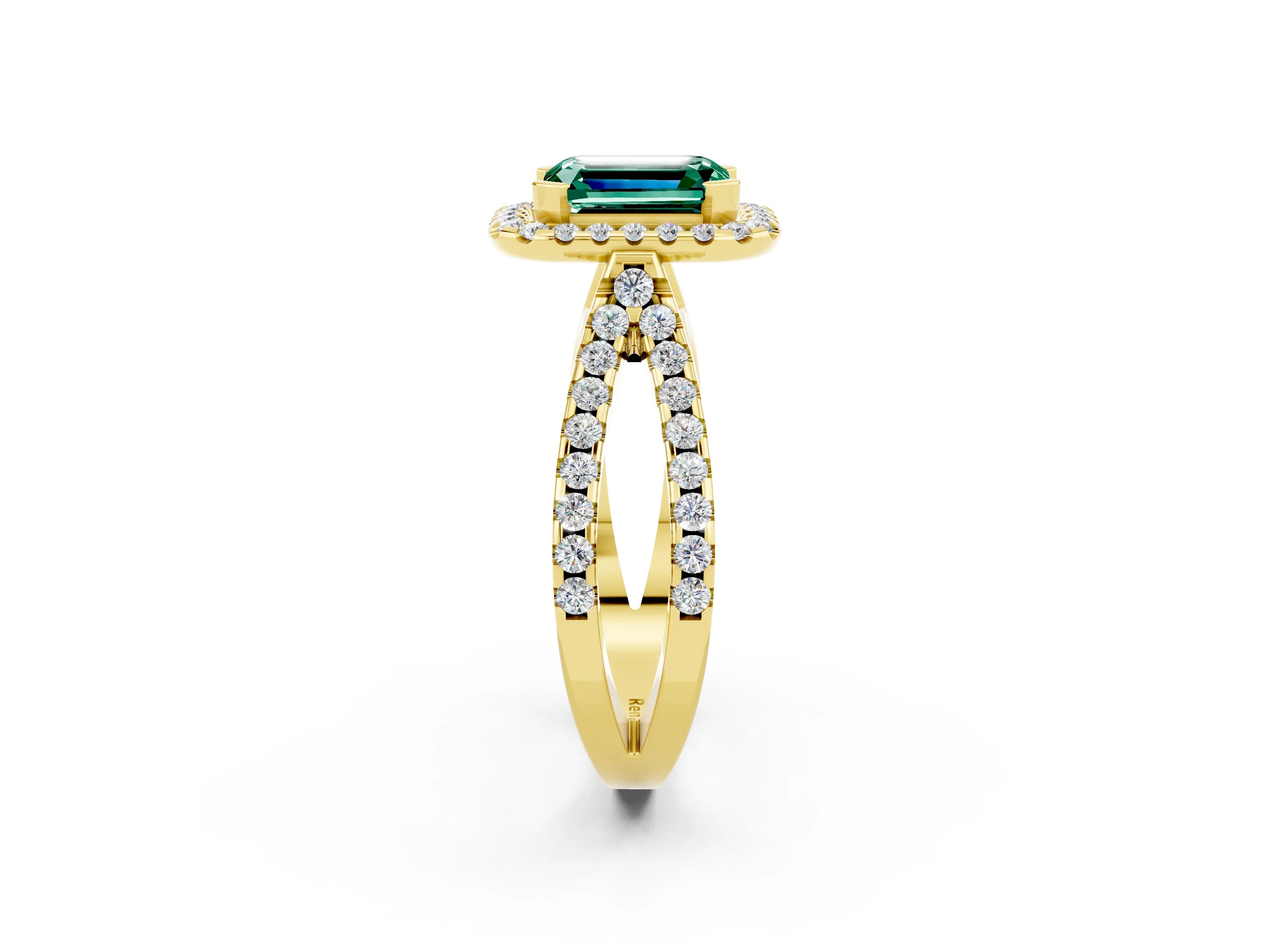 Yellow gold Emerald Cut Green Sapphire Halo Ring with Split Shank Pavé Band and Prong Setting_2