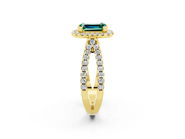 Yellow gold Emerald Cut Green Sapphire Halo Ring with Split Shank Pavé Band and Prong Setting