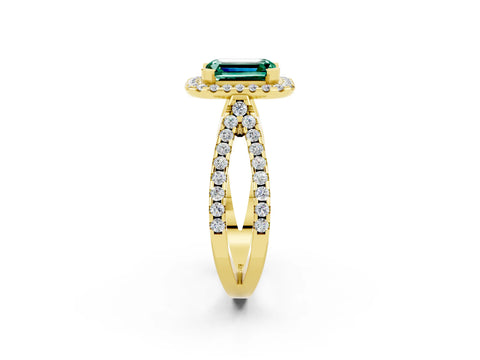 Yellow gold Emerald Cut Green Sapphire Halo Ring with Split Shank Pavé Band and Prong Setting_2
