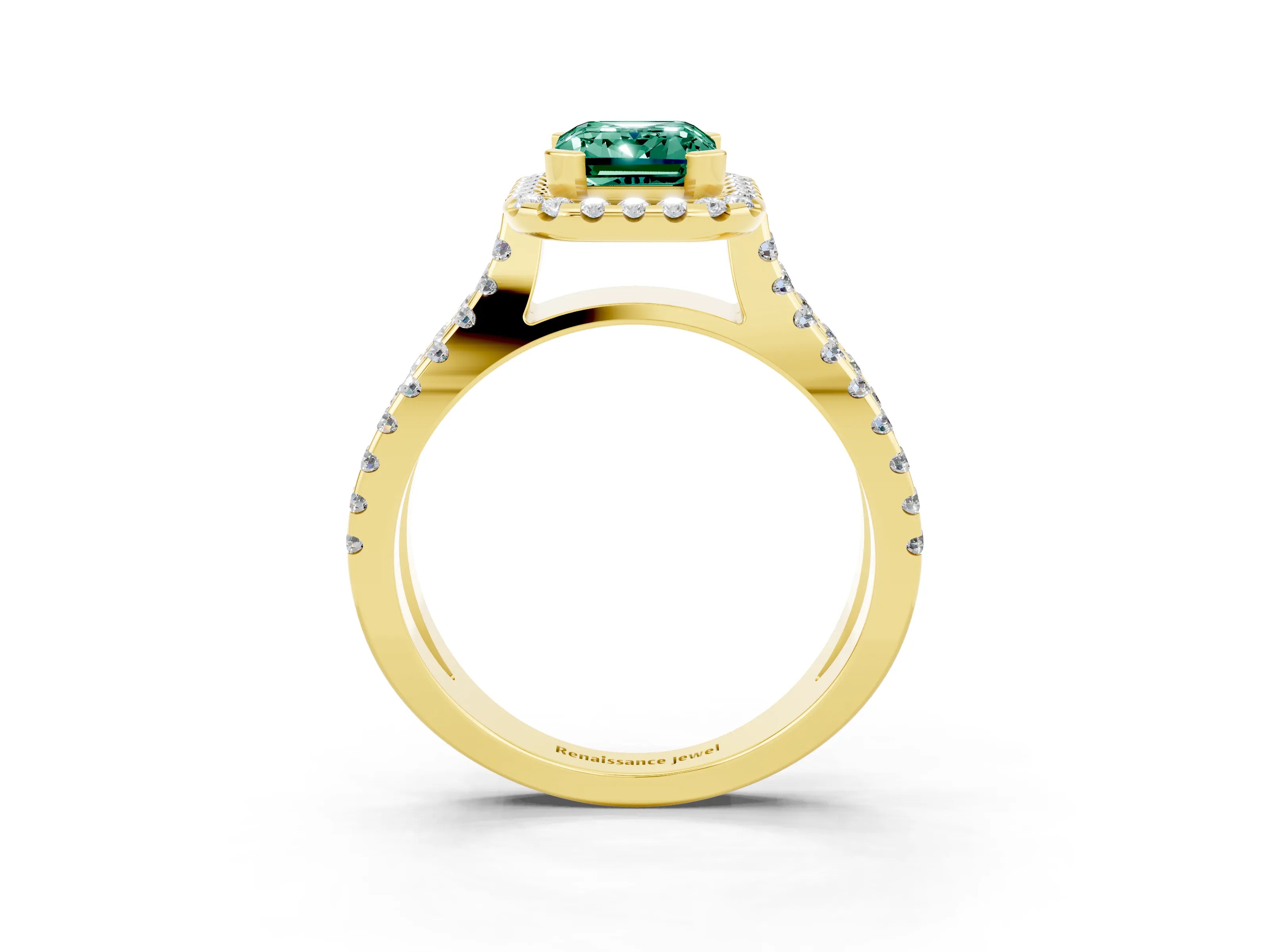 Yellow gold Emerald Cut Green Sapphire Halo Ring with Split Shank Pavé Band and Prong Setting_3