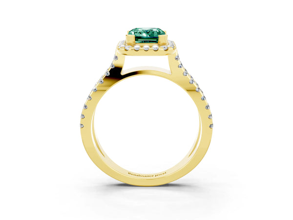 Yellow gold Emerald Cut Green Sapphire Halo Ring with Split Shank Pavé Band and Prong Setting