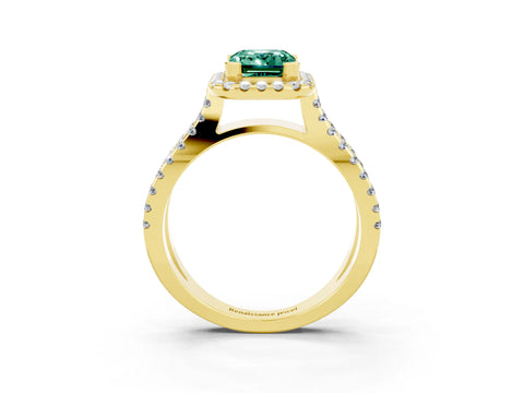 Yellow gold Emerald Cut Green Sapphire Halo Ring with Split Shank Pavé Band and Prong Setting_3