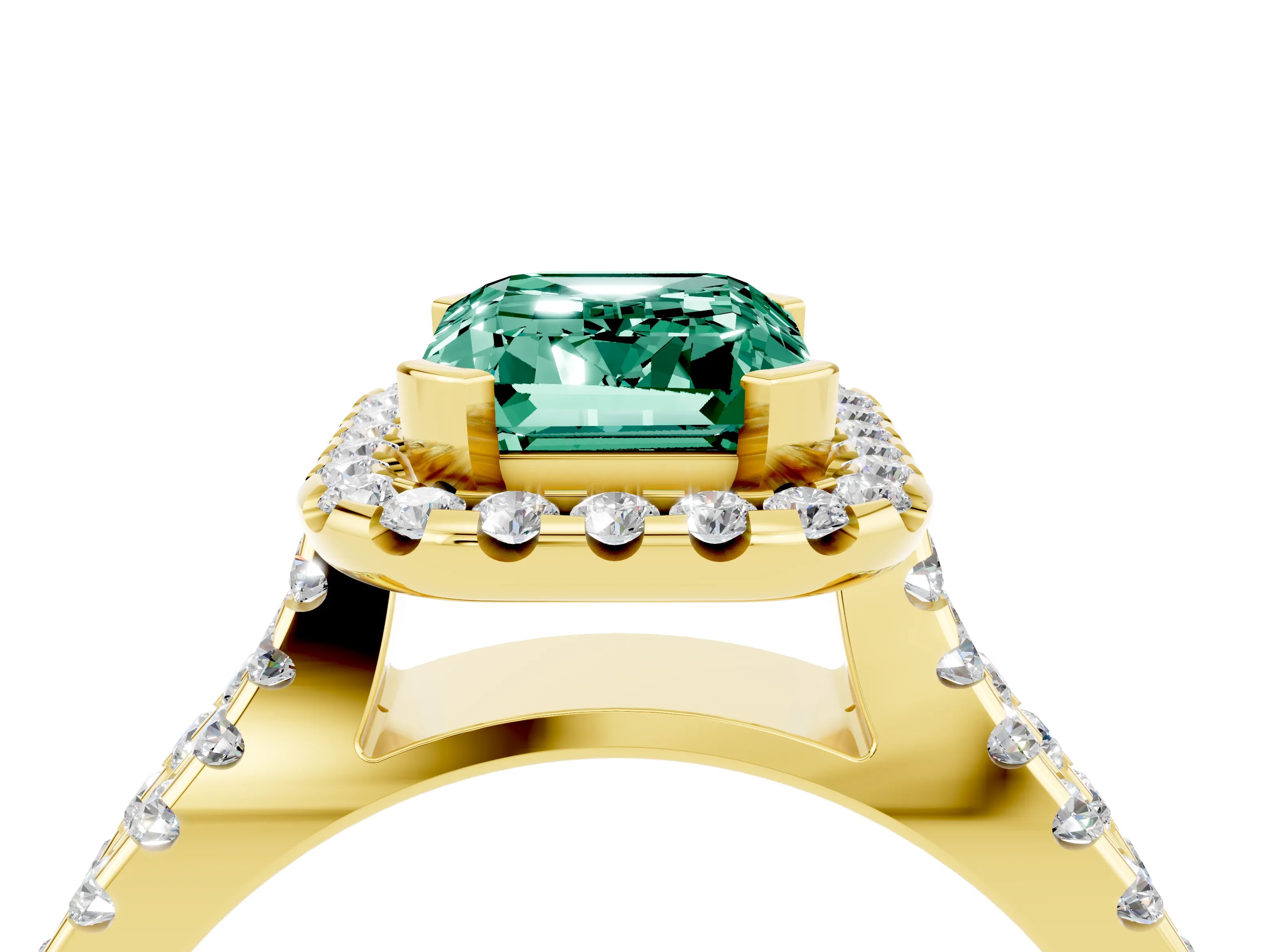 Yellow gold Emerald Cut Green Sapphire Halo Ring with Split Shank Pavé Band and Prong Setting_4