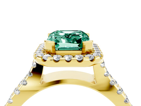 Yellow gold Emerald Cut Green Sapphire Halo Ring with Split Shank Pavé Band and Prong Setting_4