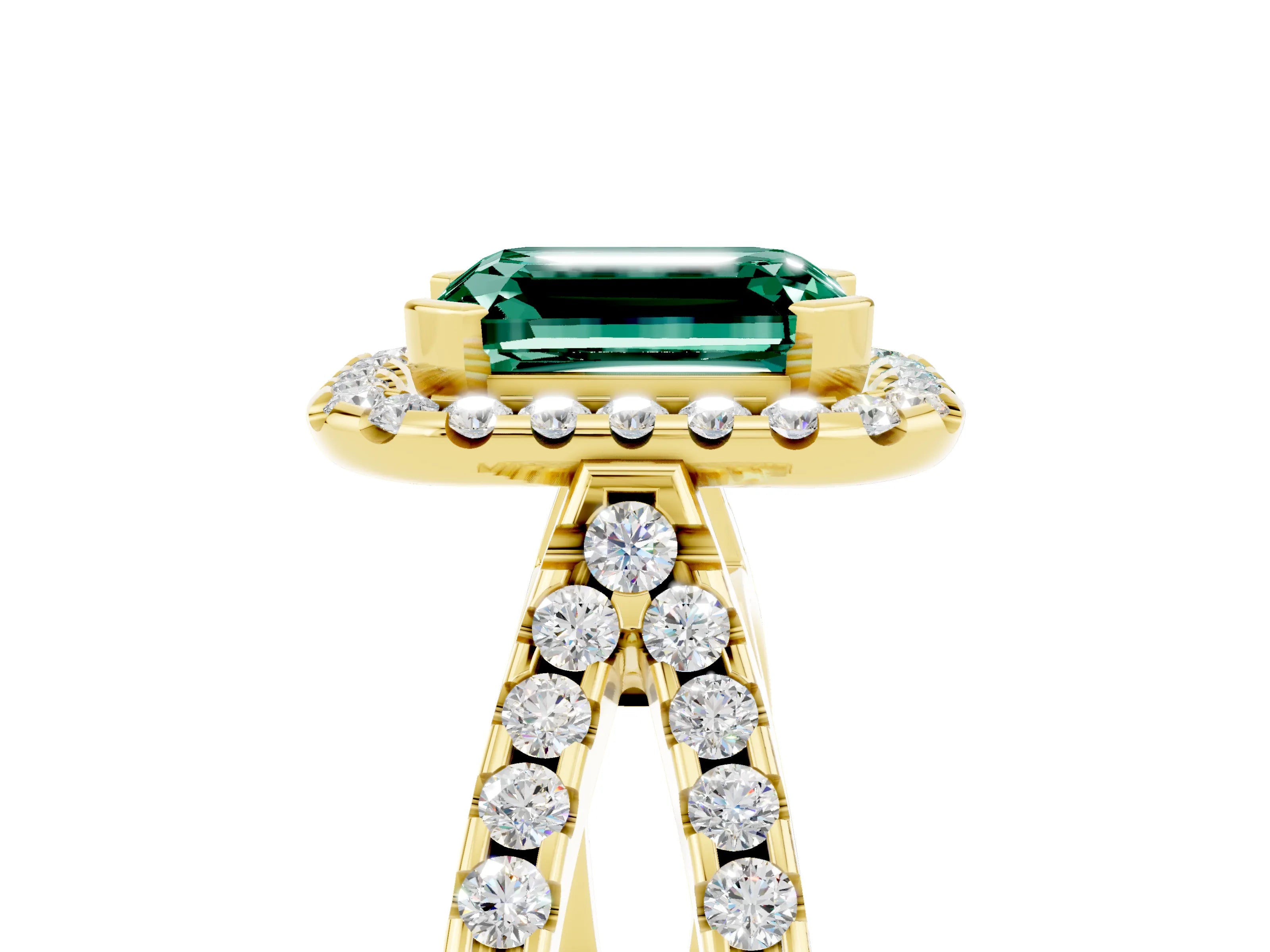 Yellow gold Emerald Cut Green Sapphire Halo Ring with Split Shank Pavé Band and Prong Setting_5