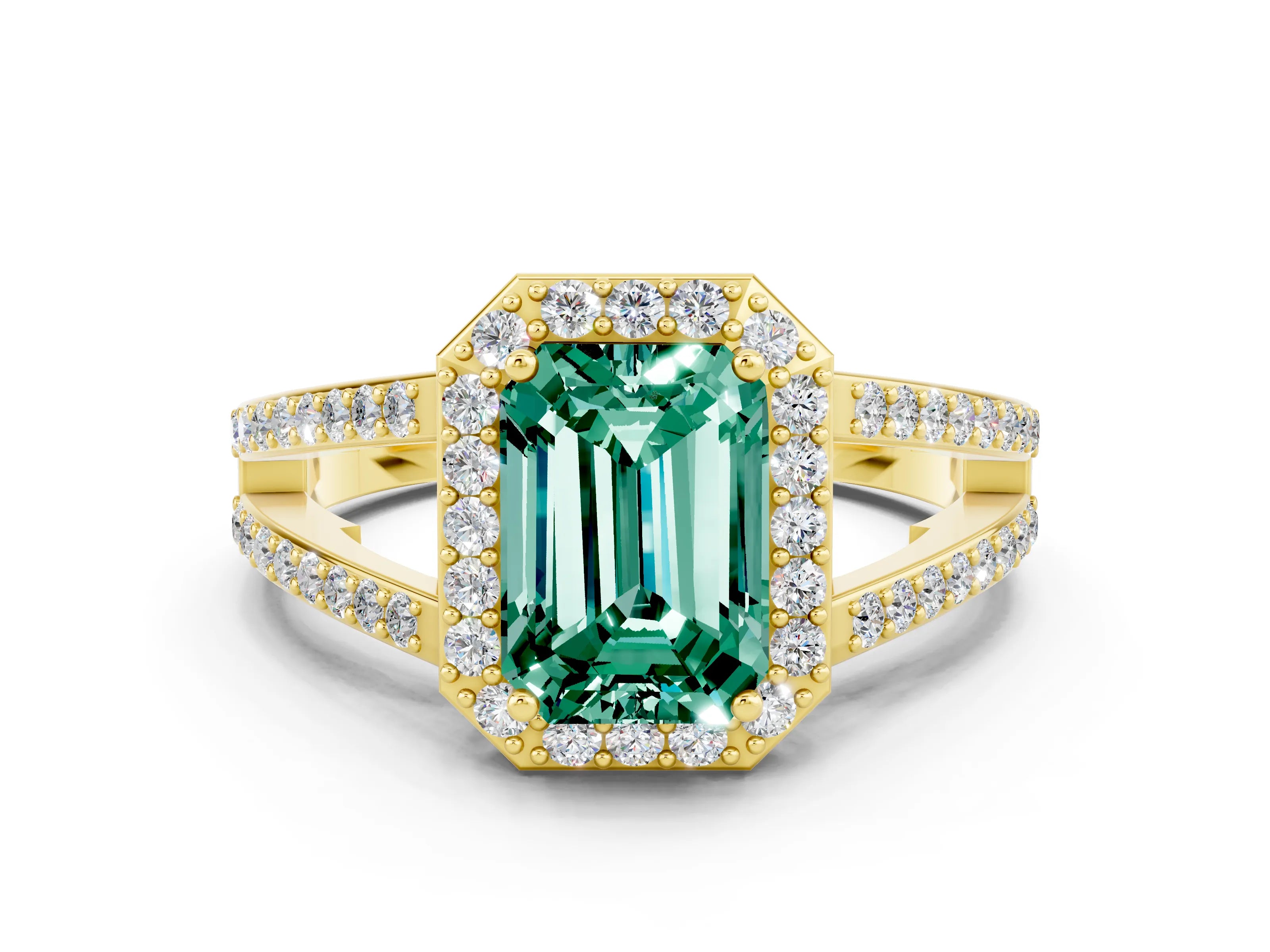 Yellow gold Emerald Cut Green Sapphire Halo Ring with Split Shank U-Prong Band and Four-Prong Setting