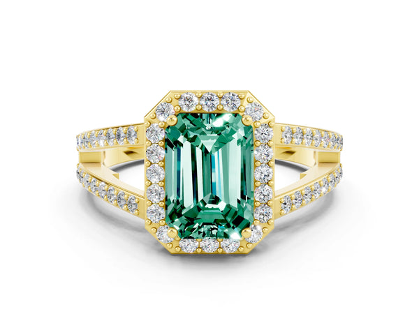 Yellow gold Emerald Cut Green Sapphire Halo Ring with Split Shank U-Prong Band and Four-Prong Setting