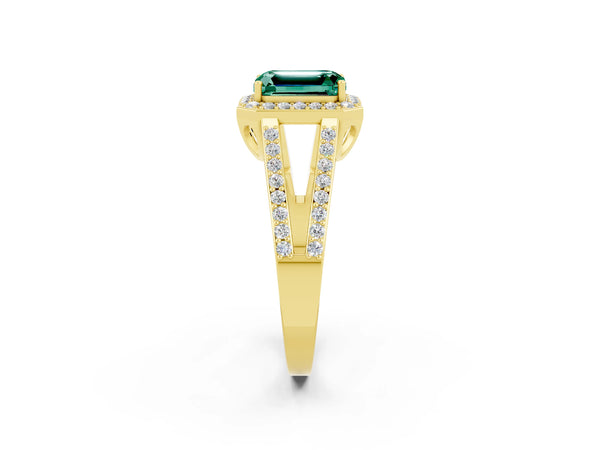 Yellow gold Emerald Cut Green Sapphire Halo Ring with Split Shank U-Prong Band and Four-Prong Setting
