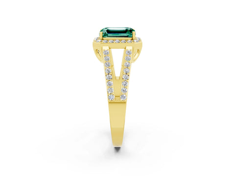 Yellow gold Emerald Cut Green Sapphire Halo Ring with Split Shank U-Prong Band and Four-Prong Setting_2