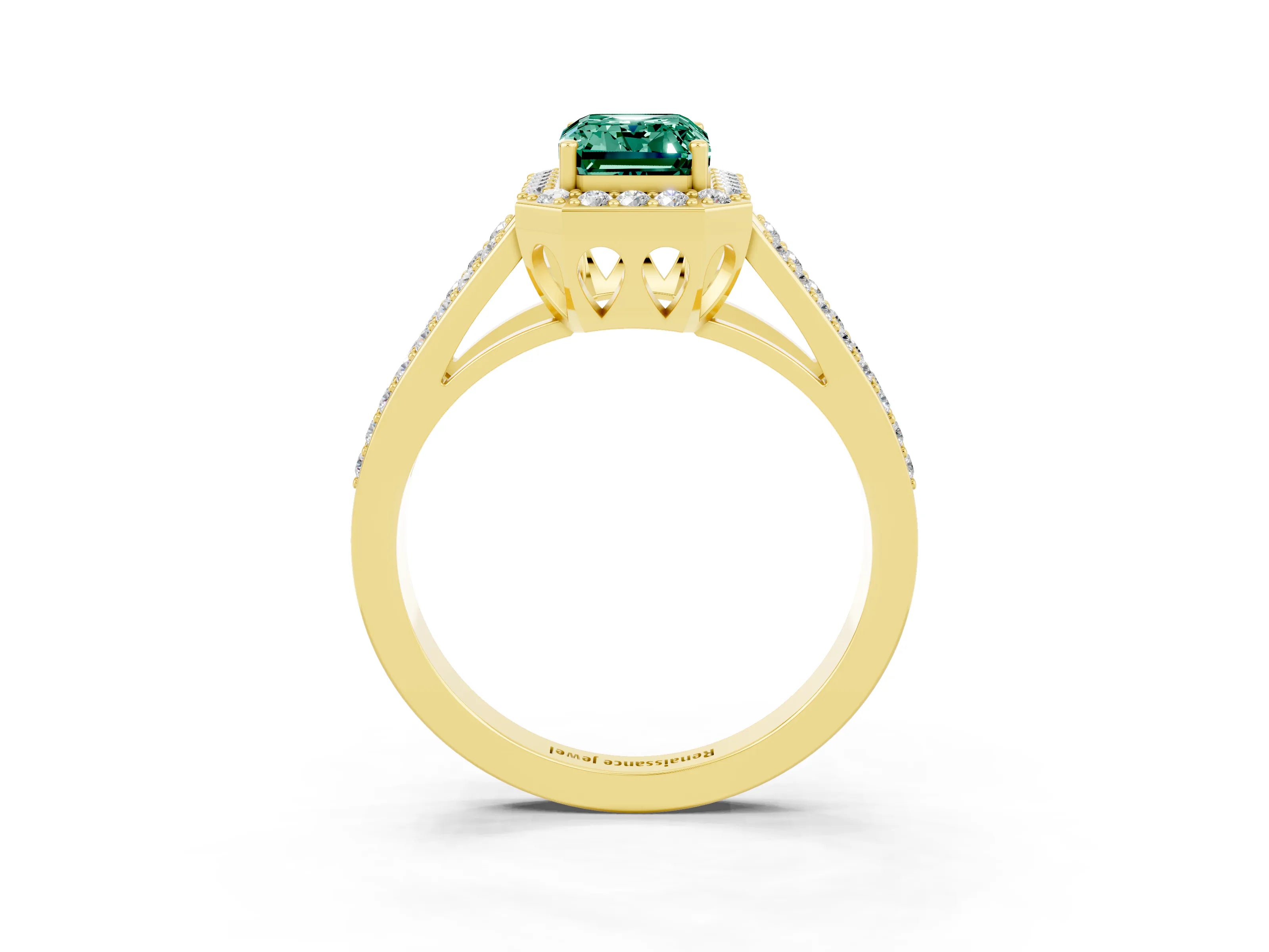 Yellow gold Emerald Cut Green Sapphire Halo Ring with Split Shank U-Prong Band and Four-Prong Setting_3