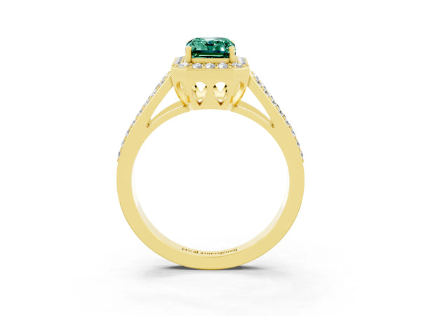 Yellow gold Emerald Cut Green Sapphire Halo Ring with Split Shank U-Prong Band and Four-Prong Setting