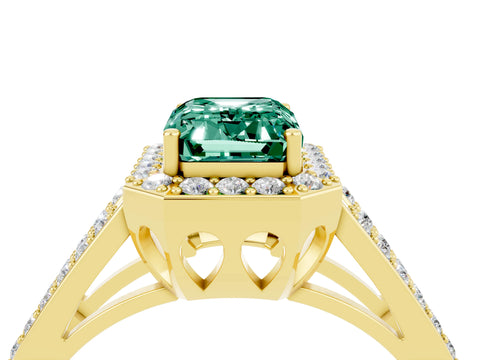 Yellow gold Emerald Cut Green Sapphire Halo Ring with Split Shank U-Prong Band and Four-Prong Setting_4
