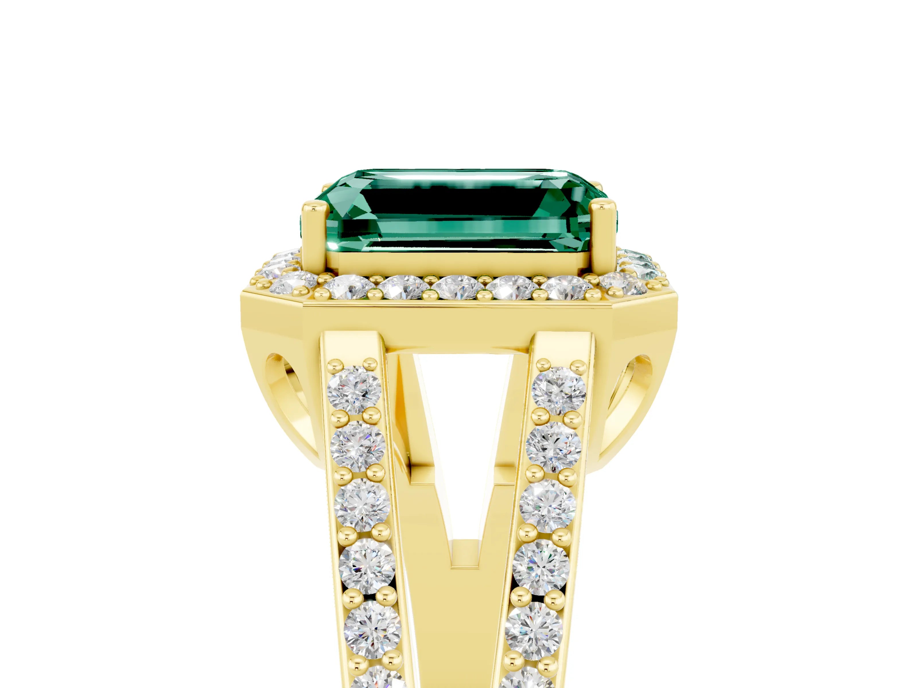 Yellow gold Emerald Cut Green Sapphire Halo Ring with Split Shank U-Prong Band and Four-Prong Setting_5