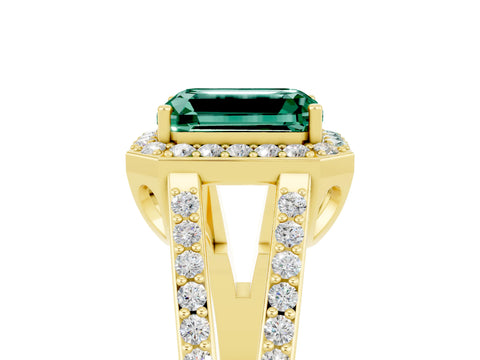 Yellow gold Emerald Cut Green Sapphire Halo Ring with Split Shank U-Prong Band and Four-Prong Setting_5