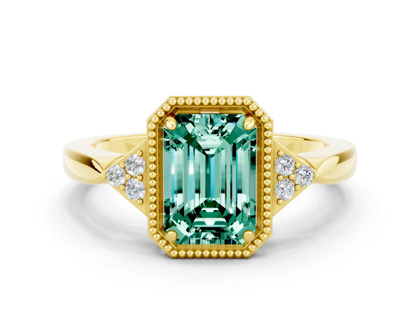 Yellow gold Emerald Cut Green Sapphire Halo Ring with Tapered Band and Four-Prong Setting