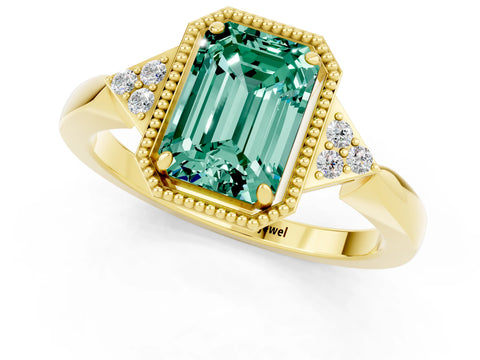 Yellow gold Emerald Cut Green Sapphire Halo Ring with Tapered Band and Four-Prong Setting_1