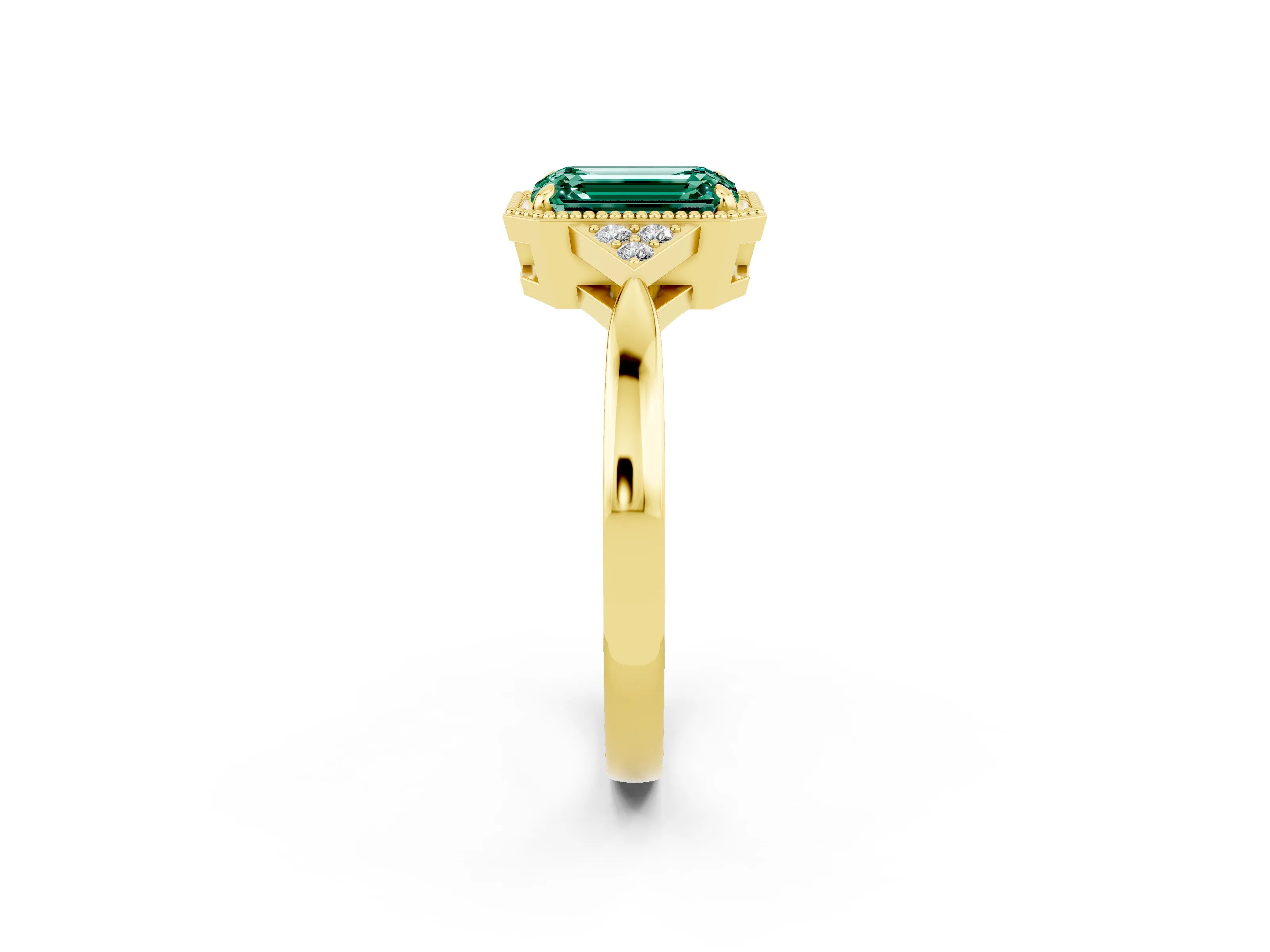Yellow gold Emerald Cut Green Sapphire Halo Ring with Tapered Band and Four-Prong Setting_2