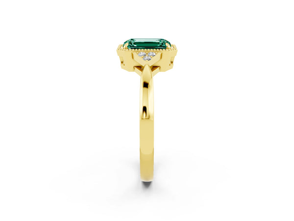 Yellow gold Emerald Cut Green Sapphire Halo Ring with Tapered Band and Four-Prong Setting