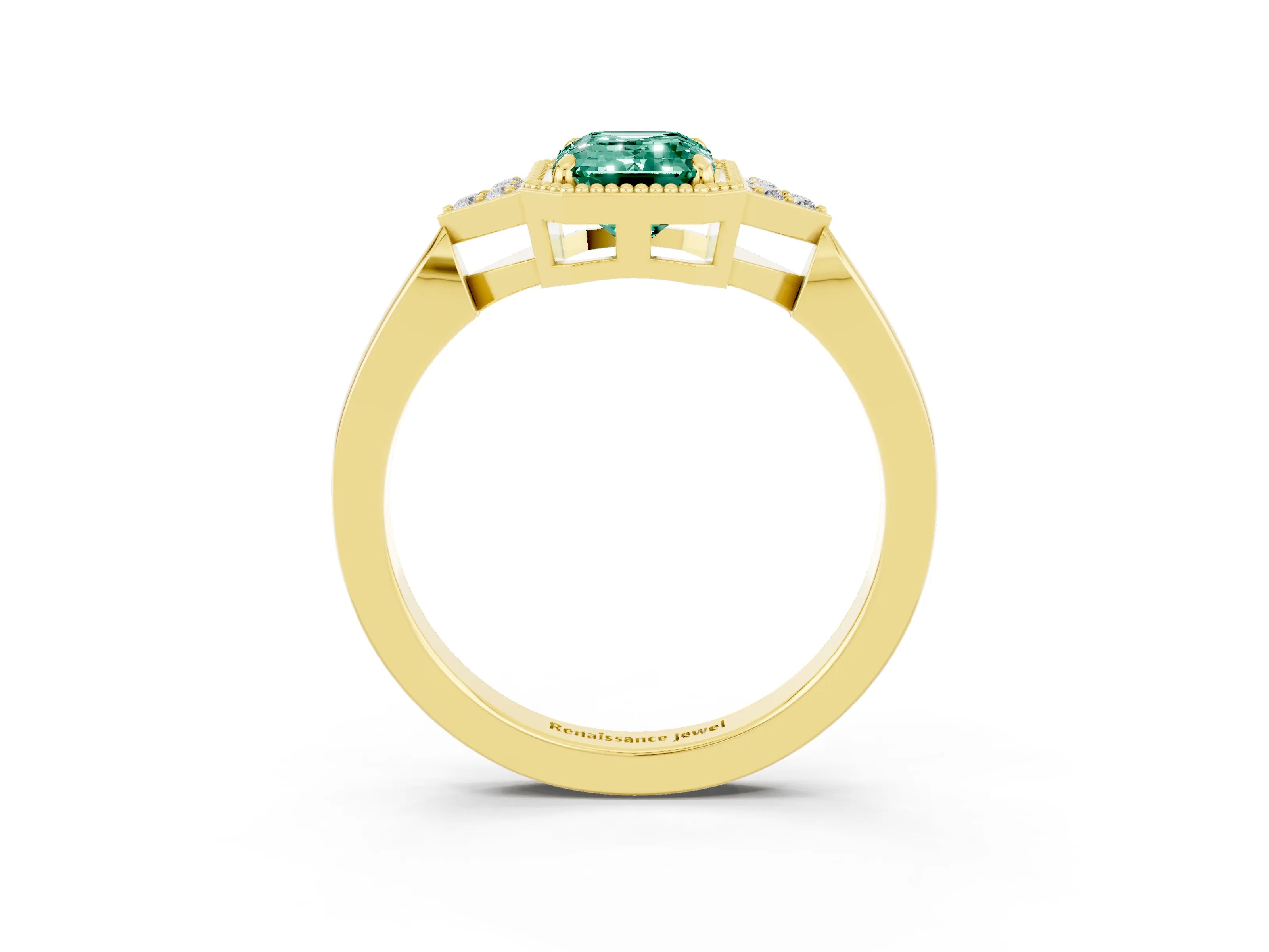 Yellow gold Emerald Cut Green Sapphire Halo Ring with Tapered Band and Four-Prong Setting_3