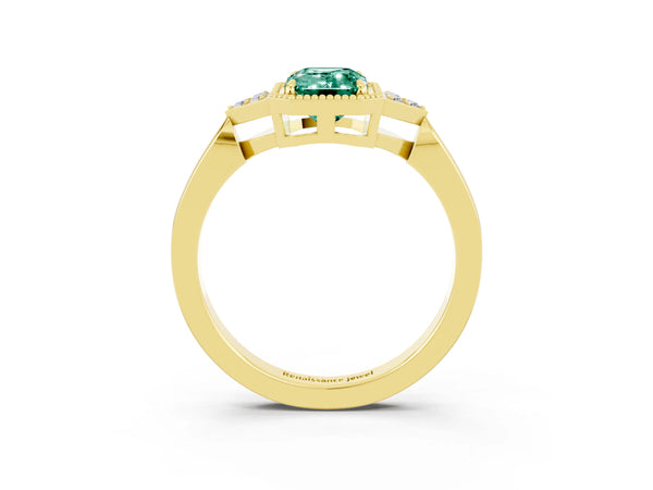 Yellow gold Emerald Cut Green Sapphire Halo Ring with Tapered Band and Four-Prong Setting