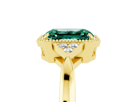 Yellow gold Emerald Cut Green Sapphire Halo Ring with Tapered Band and Four-Prong Setting_5