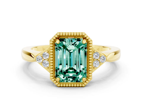 Yellow gold Emerald Cut Green Sapphire Halo Ring with Tapered Band and Four-Prong Setting