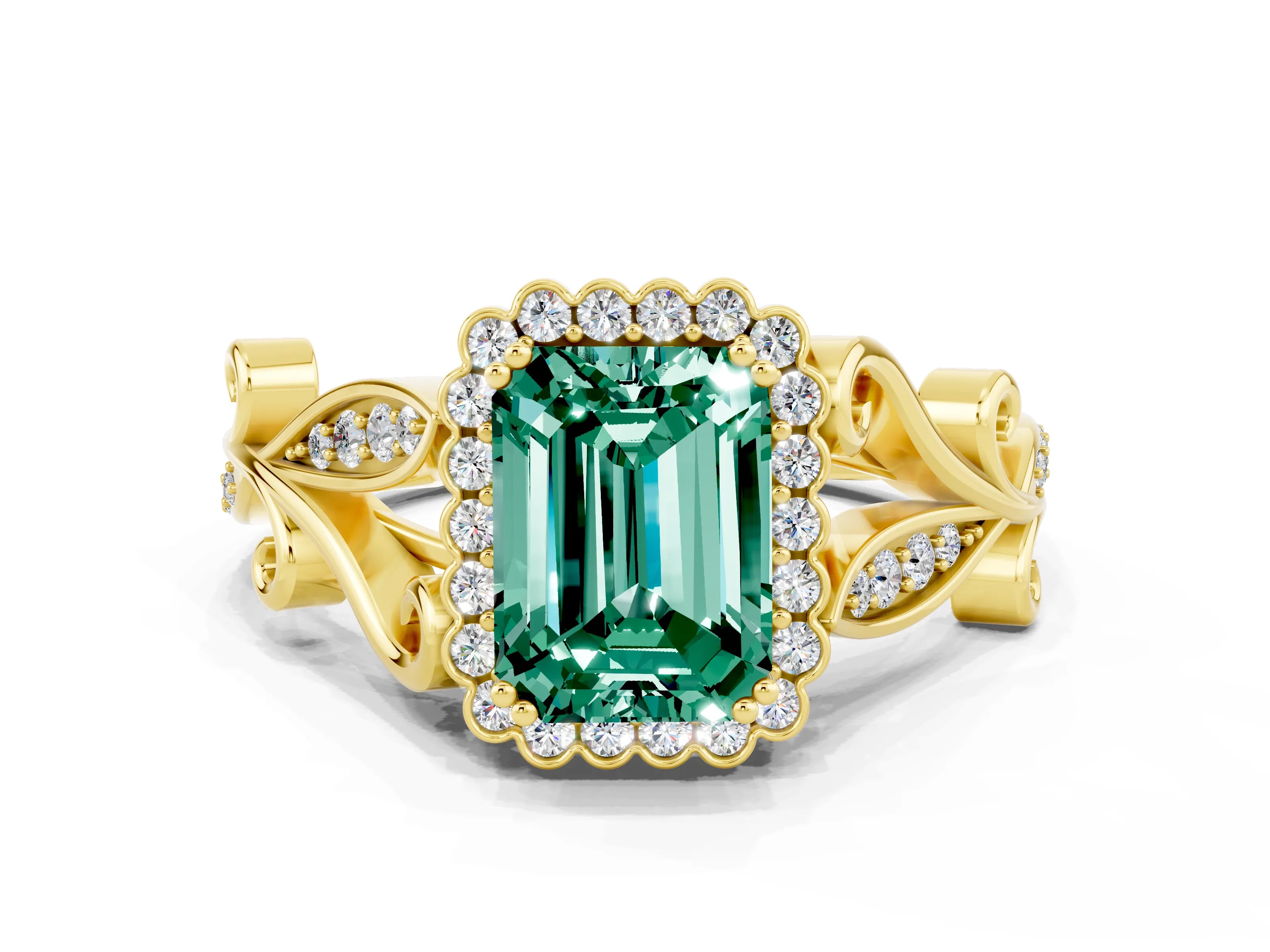 Yellow gold Emerald Cut Green Sapphire Halo Ring with Vintage Split Shank and Four-Prong Setting