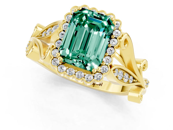Yellow gold Emerald Cut Green Sapphire Halo Ring with Vintage Split Shank and Four-Prong Setting