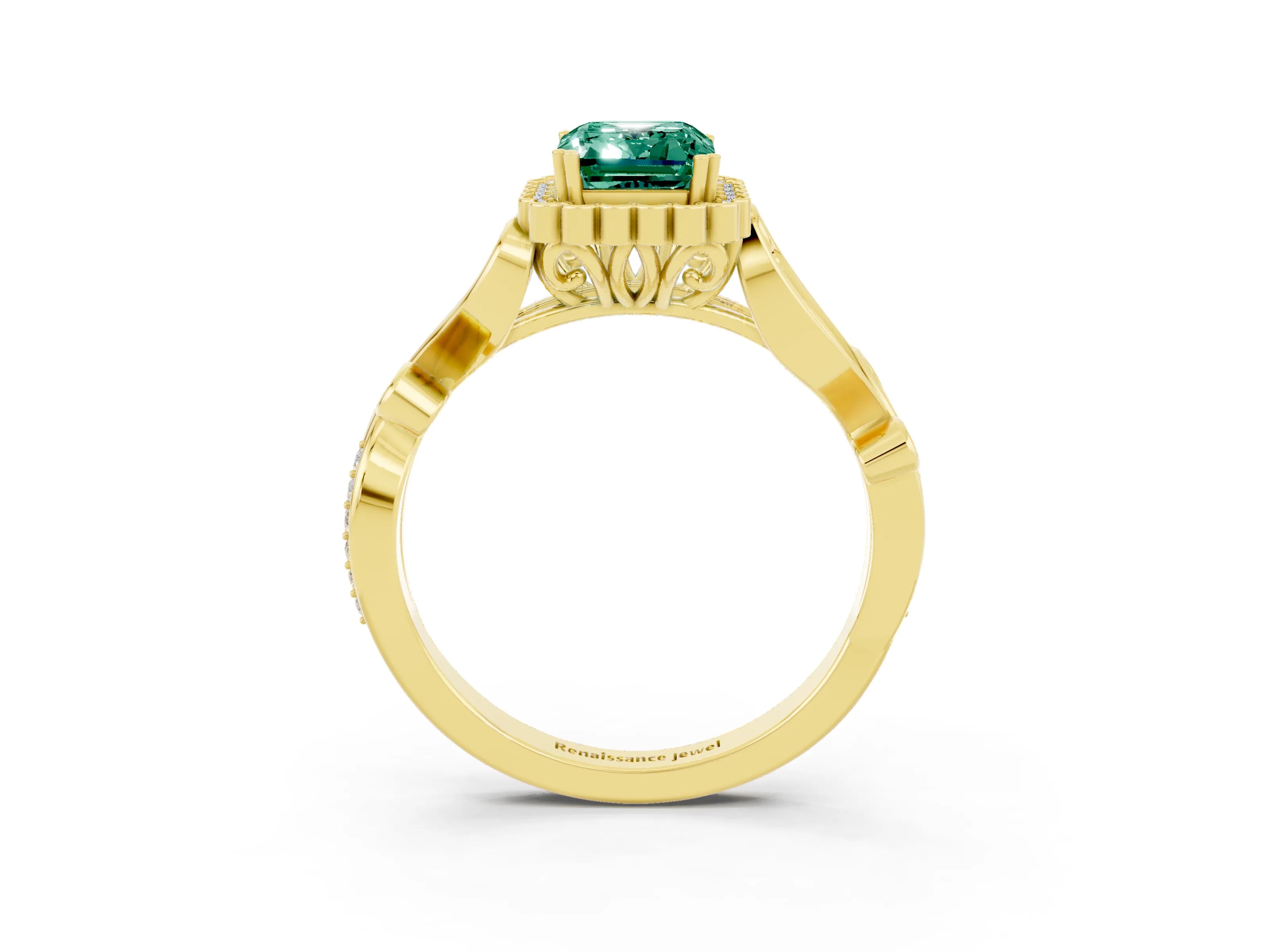 Yellow gold Emerald Cut Green Sapphire Halo Ring with Vintage Split Shank and Four-Prong Setting_3