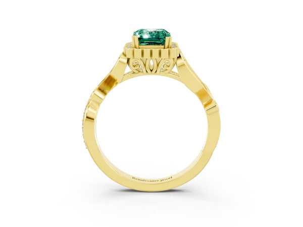 Yellow gold Emerald Cut Green Sapphire Halo Ring with Vintage Split Shank and Four-Prong Setting