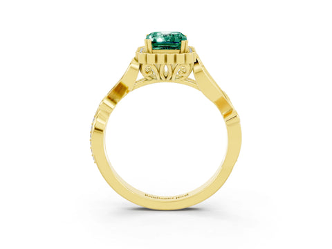 Yellow gold Emerald Cut Green Sapphire Halo Ring with Vintage Split Shank and Four-Prong Setting_3