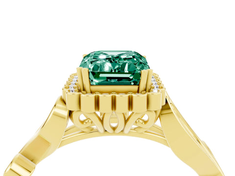 Yellow gold Emerald Cut Green Sapphire Halo Ring with Vintage Split Shank and Four-Prong Setting_4