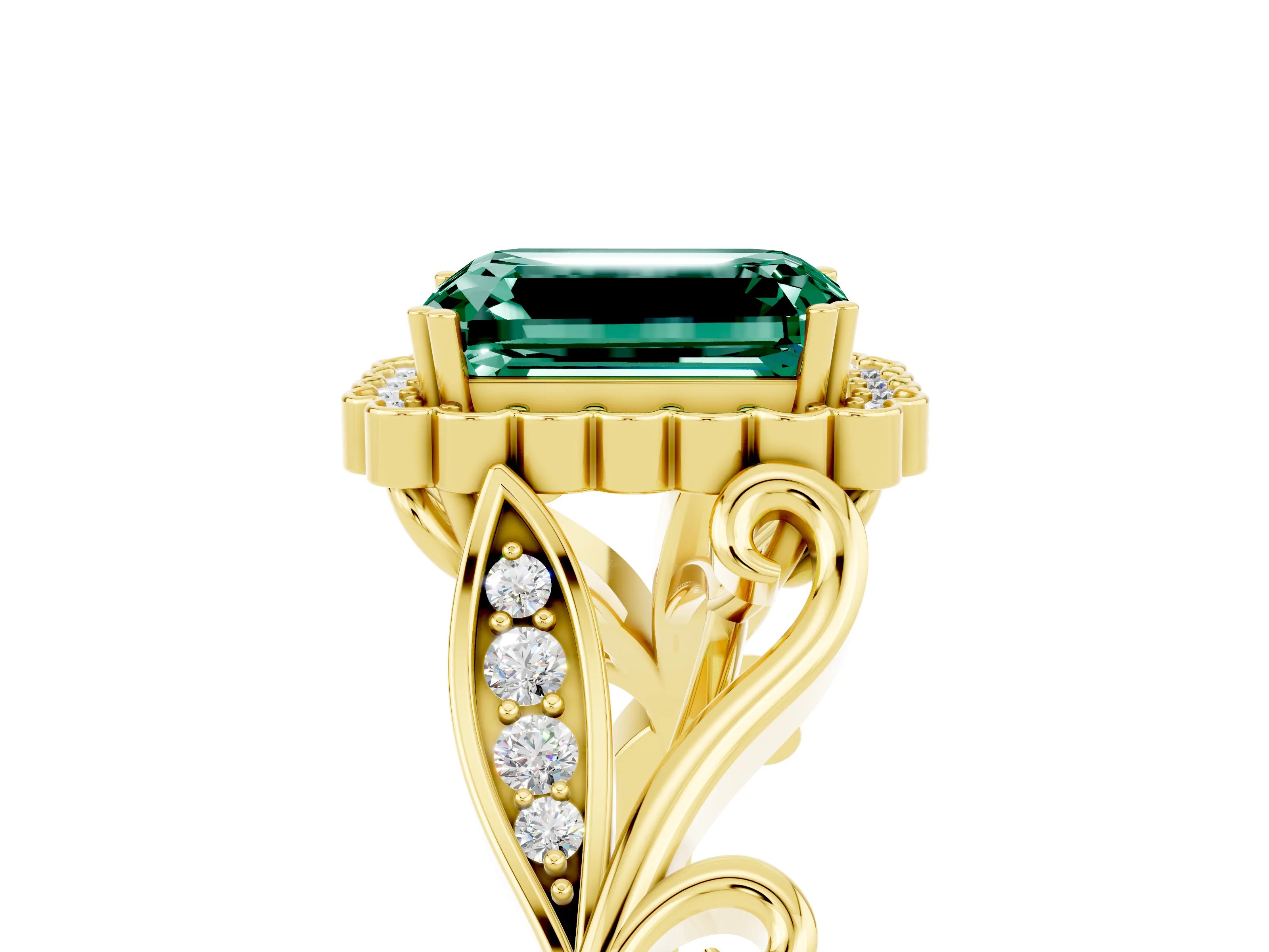Yellow gold Emerald Cut Green Sapphire Halo Ring with Vintage Split Shank and Four-Prong Setting_5