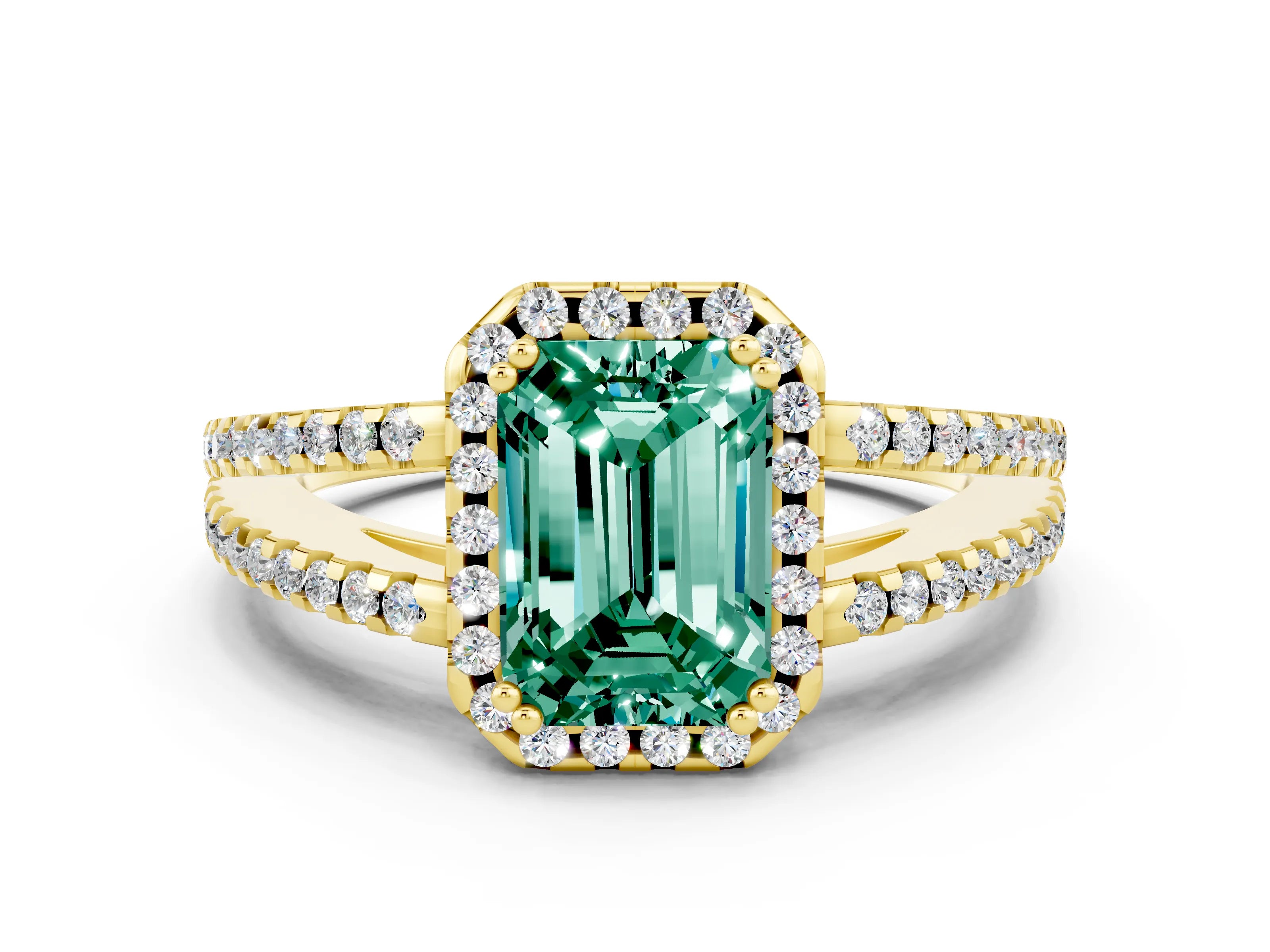 Yellow gold Emerald Cut Green Sapphire Halo Split Shank Engagement Ring_12