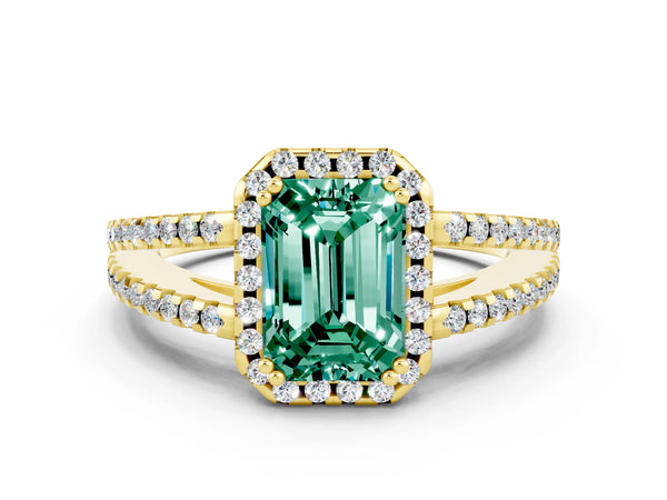 Yellow gold Emerald Cut Green Sapphire Halo Split Shank Engagement Ring