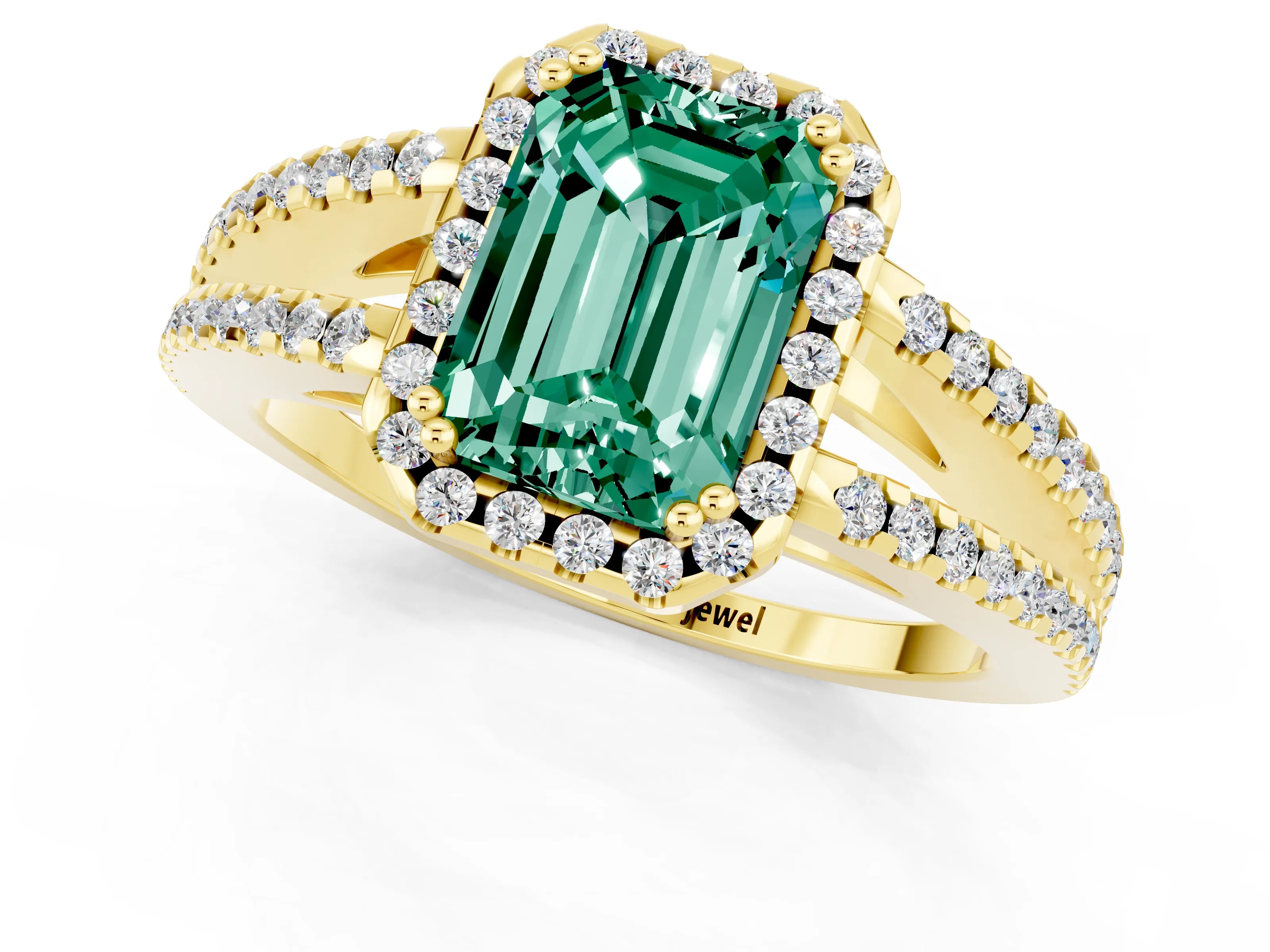 Yellow gold Emerald Cut Green Sapphire Halo Split Shank Engagement Ring_13