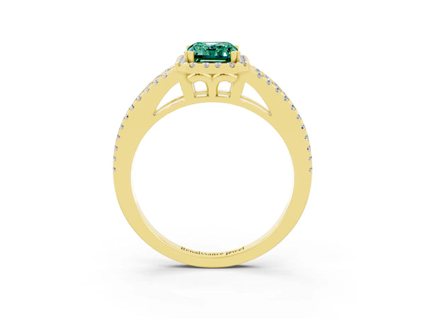 Yellow gold Emerald Cut Green Sapphire Halo Split Shank Engagement Ring