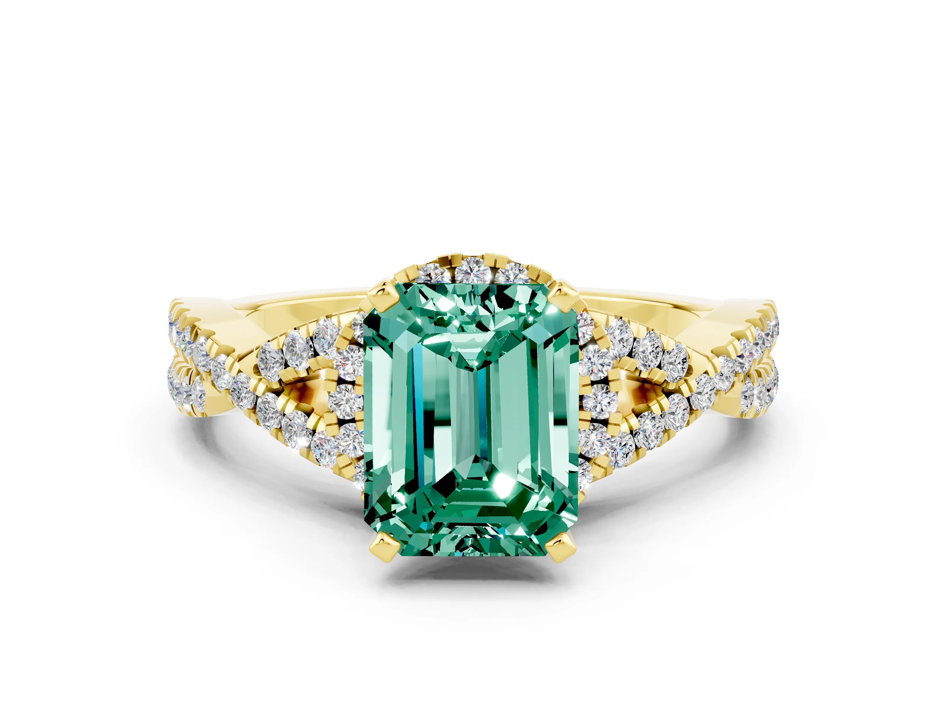 Yellow gold Emerald Cut Green Sapphire Halo Twist Band Solitaire Prong Setting Ring
