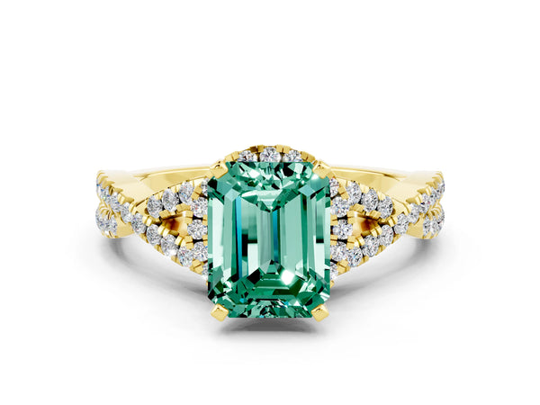 Yellow gold Emerald Cut Green Sapphire  Halo Twist Band Solitaire Prong Setting Ring