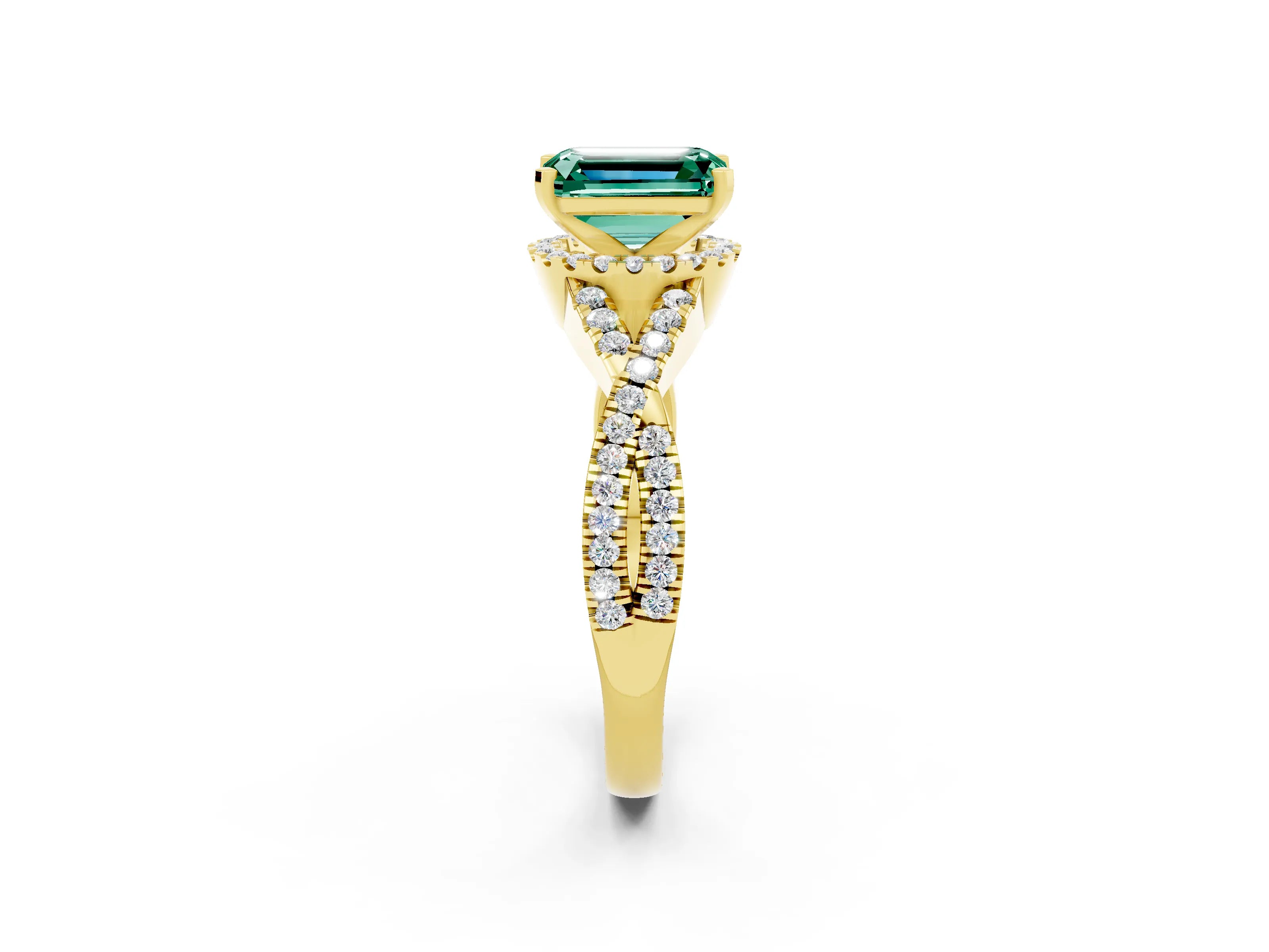 Yellow gold Emerald Cut Green Sapphire Halo Twist Band Solitaire Prong Setting Ring_2