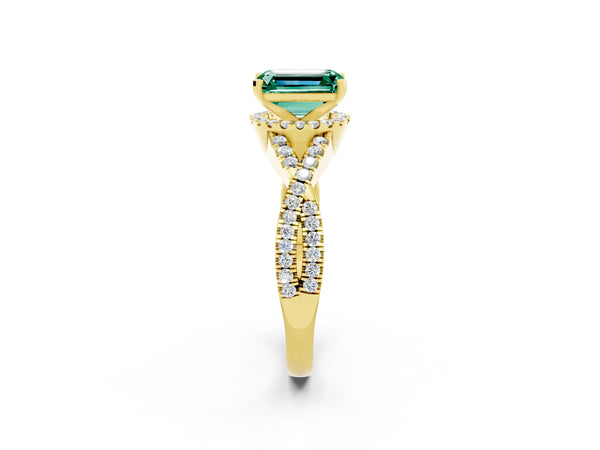 Yellow gold Emerald Cut Green Sapphire  Halo Twist Band Solitaire Prong Setting Ring