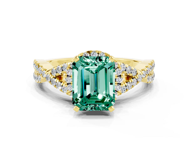 Yellow gold Emerald Cut Green Sapphire  Halo Twist Band Solitaire Prong Setting Ring